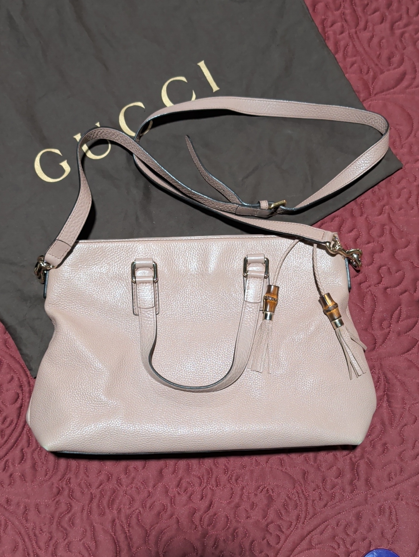 Gucci Pale Pink Pebbled Leather Shoulder Bag With Tassels